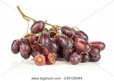 Red Globe Grape Cluster One Berry Cut In Half Isolated On White Background Fresh Shiny Dark Pink Two