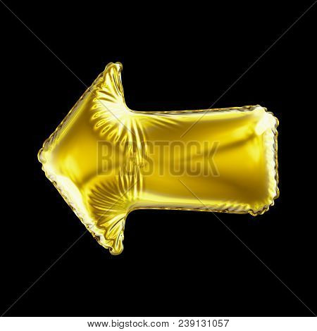Golden arrow icon made of inflatable balloon isolated on black background. 3d rendering