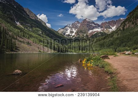 Stunning Maroon Bells Peaks And Trail Leading To Maroon Lake In Summer Near Aspen, Colorado