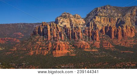 Panorama Of Colorful Munds Mountain Covered With Patches Of Snow Near The Peak, Sedona, Arizona