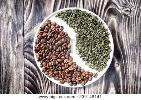 Grain Fresh Roasted Coffee And Green Tea Leaves Asian. Food Concept Drink Of Choice For The Health O