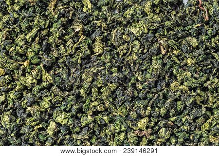 Young Leaves Of Dry Green Chinese Asian Tea. Pure Fresh Organic Ingredient Of The Popular Healthy Dr