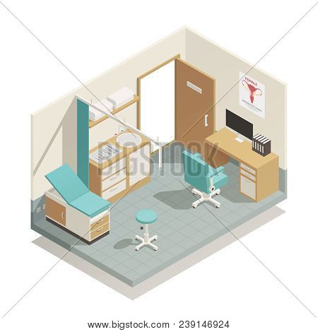 Gynecology Cabinet With Various Tools For Examination Isometric Composition On White Background 3d V