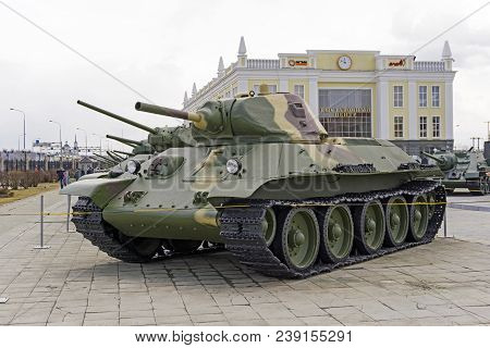 Verkhnyaya Pyshma, Russia - March 01, 2018: Rare Early Version Of The Soviet Medium Tank T-34 (model
