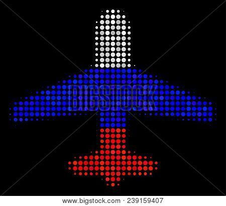 Halftone Airplane Icon Colored In Russia Official Flag Colors On A Dark Background. Vector Mosaic Of