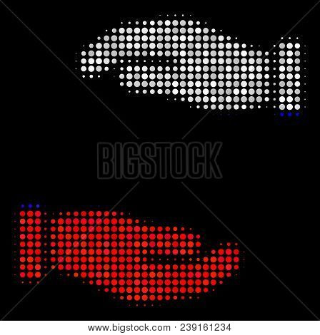 Halftone Care Hands Icon Colored In Russia Official Flag Colors On A Dark Background. Vector Mosaic 