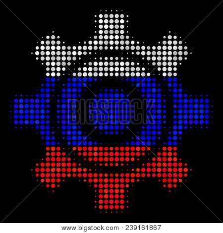 Halftone Cogwheel Icon Colored In Russia Official Flag Colors On A Dark Background. Vector Collage O