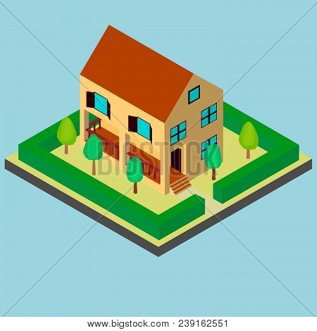 Two-storey House In Isometric.is Surrounded By A Bush