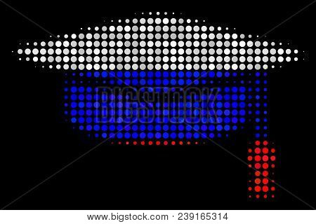 Halftone Graduation Cap Pictogram Colored In Russia State Flag Colors On A Dark Background. Vector M