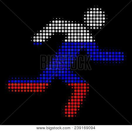 Halftone Running Man Icon Colored In Russian State Flag Colors On A Dark Background. Vector Composit