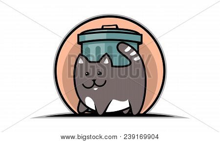 Fat Cat Standing Near Trash Pot. Cartoon Vector Illustration Of A Cat And A Garbage Can.