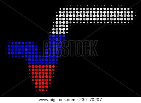 Halftone Sqrt Pictogram Colored In Russia State Flag Colors On A Dark Background. Vector Mosaic Of S