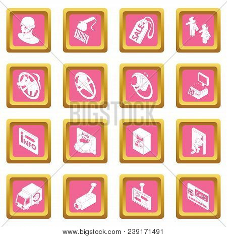Shop Navigation Foods Icons Set Vector Pink Square Isolated On White Background
