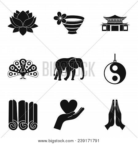 Asian Yoga Icons Set. Simple Set Of 9 Asian Yoga Vector Icons For Web Isolated On White Background