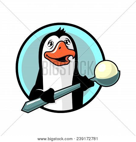 Vector Illustration Of A Cute Penguin Holding A Big Spoon Of Ice Cream