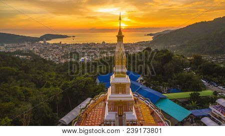 aerial view beautiful Phra That Phanom pagoda in Doi Thepnimith temple on Patong hilltop. on Doi The