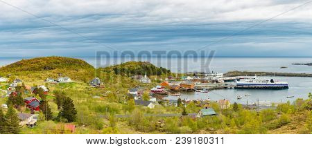 Panoramic view of Moskenes Village, Ferry arrival and unloading in Moskenes, Lofoten Islands, Norway