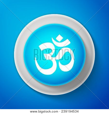 White Om Or Aum Indian Sacred Sound Icon Isolated On Blue Background. Symbol Of Buddhism And Hinduis