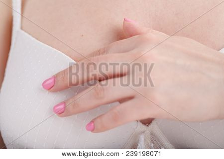 Woman Wearing A Bra Checking Her Breast, Breast Self-exam (bse), How Do I Check Breast Concept, Brea