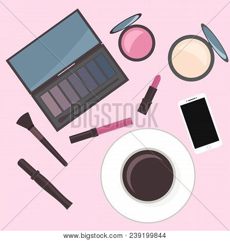 Flat Lay Cosmetics Accessories And Cup Of Coffee. Vanity Table. Concept Of Beauty, Fashion, Glamour.