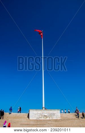 Turkish Flag In Front Of Monumental Tomb Of Ataturk In Ankara 15 April 2018