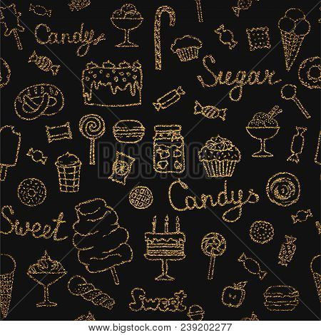 Golden Seamless Pattern Of Candys, Cakes, Sweets And Desserts. Hand Drawn Gold Vector Illustrations