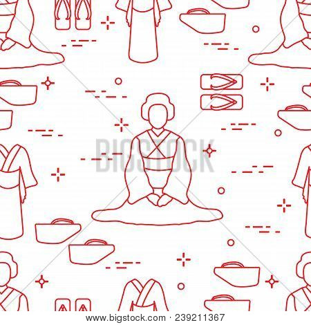 Seamless Pattern With Asian Woman, Traditional Japanese Clothing, Shoes. Travel And Leisure.