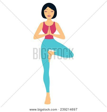 Sports Girl Is Smiling While Doing Yoga. Young Woman Doing Yoga Exercise Tree-pose. Young Woman Medi
