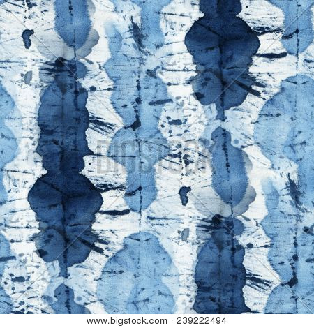 Seamless Tie-dye Pattern Of Indigo Color On White Silk. Hand Painting Fabrics - Nodular Batik. Shibo