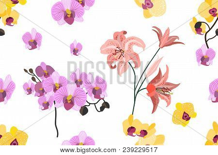 Trendy Stripped Pattern With Blooming Orchids, Lilies And Leaves.