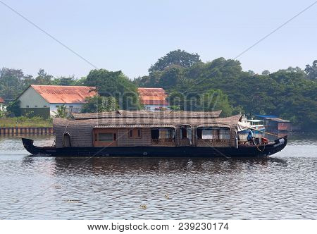 Alleppey, India - November 6, 2016: Tourists On Houseboat Floating On Backwaters In Kerala State