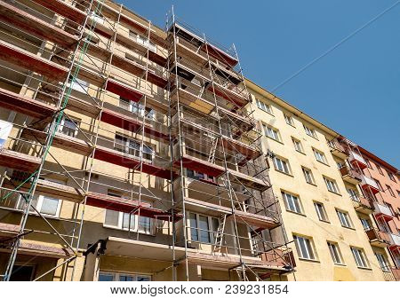Ostrava, Czech Republic - May 5, 2018: Scaffolding On A Housing Estate Built In Communism Era In Ost