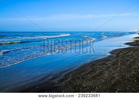 Beach With Black Volcanic Sand In Ladispoli, Italy