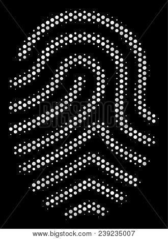 Dotted White Fingerprint Icon On A Black Background. Vector Halftone Collage Of Fingerprint Symbol O