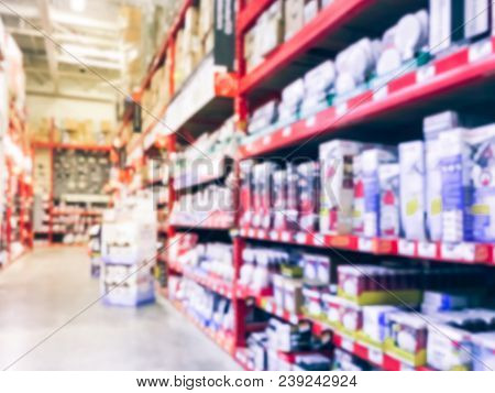 Blurred Stack Of Electrical Supplies At Hardware Store In Usa
