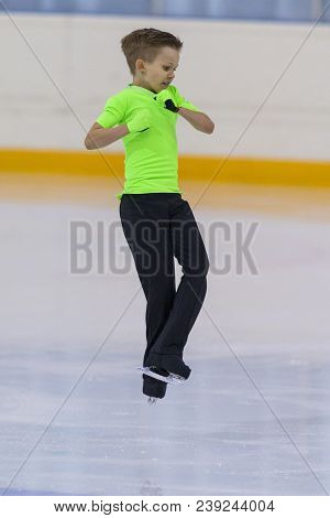 Minsk, Belarus -april 22, 2018: Male Figure Skater From Belarus Prohor Prusakov Performs Cubs A Boys