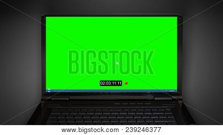 Laptop Monitor With Recording Graphic In Dark Background