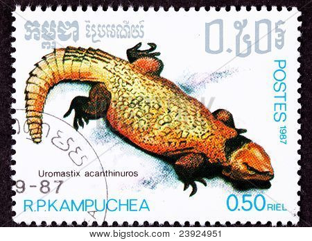 Kambodžan postimerkki keltainen Bellin Dabb piikkinen tailed lisko Uromastyx Acanthinura