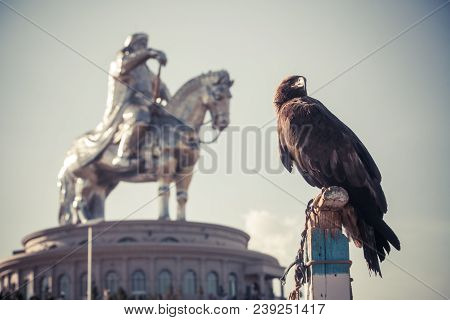 Vulture And Genghis Khan Monument At Zonjin Boldog Mongolia.