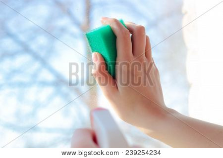 A Hand With A Sponge Washes The Window Dirty, Cleaning.