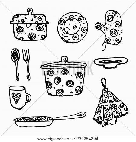 Set Of Kitchen Dishes. Hand Drawn Illustration. Vector Objects