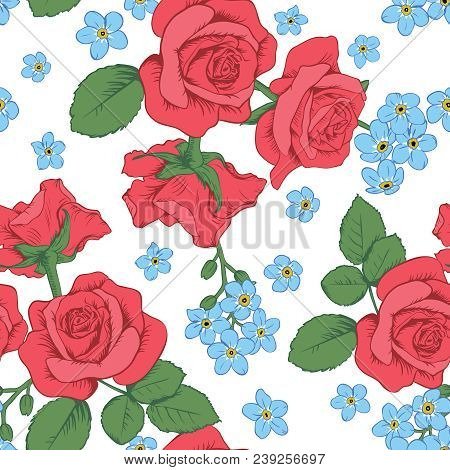 Red Roses And Myosotis Flowers On White Background. Seamless Pattern. Vector Illustartion. Can Use F