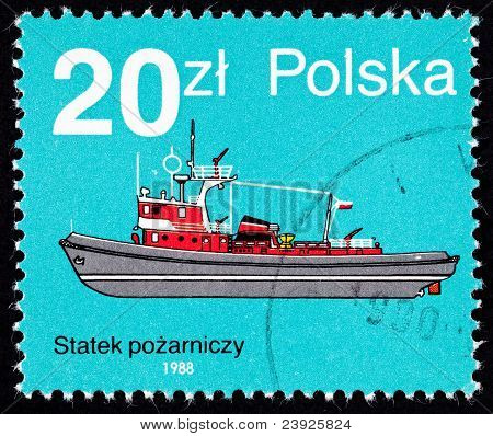Annulé polonais timbre-poste côté vue rouge feu bateau remorqueur Pologne