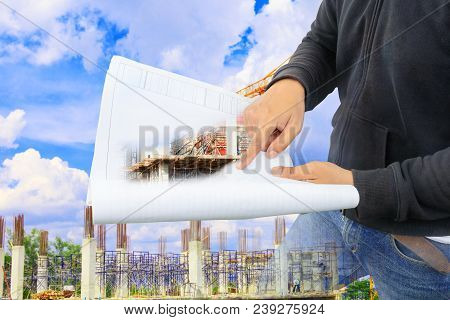 Engineer Finger Point On Paper Plan Blueprint In Check Building Technician Place Construction Site W