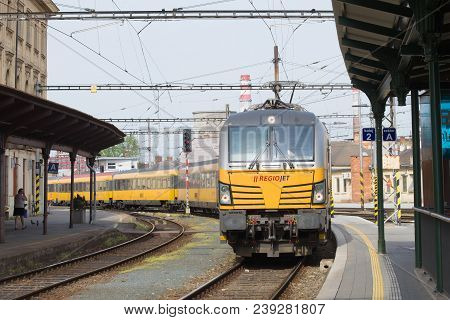 Brno, Czech Republic - April 24, 2018: The Passenger Train Of The Transport Company Regiojet Arrives