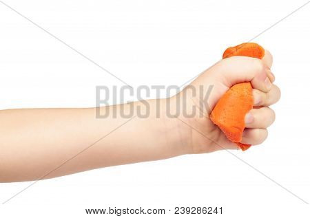 Orange Plasticine Bar With Kid Hand, Isolated On White Background.
