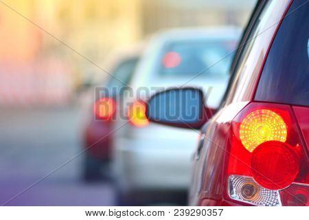 Peak Hour. Automobile Brake Lights. Traffic Jam On A Highway Street In A Big City.