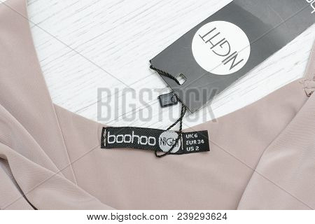 Kharkov, Ukraine- 09 April 2018: Black Tag Of Pink Clothes Boohoo. Close-up