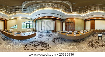 Minsk, Belarus - July, 2017: Panorama 360 Angle View In Interior Of Luxury Empty Conference Hall For