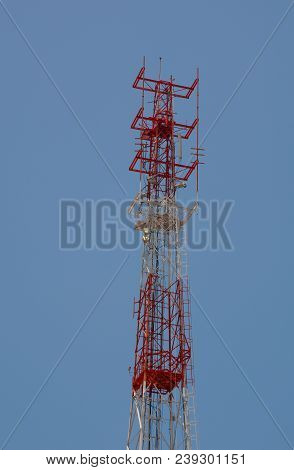 Mobile Telecom Tower With Blue Sky In George Town, Malaysia.